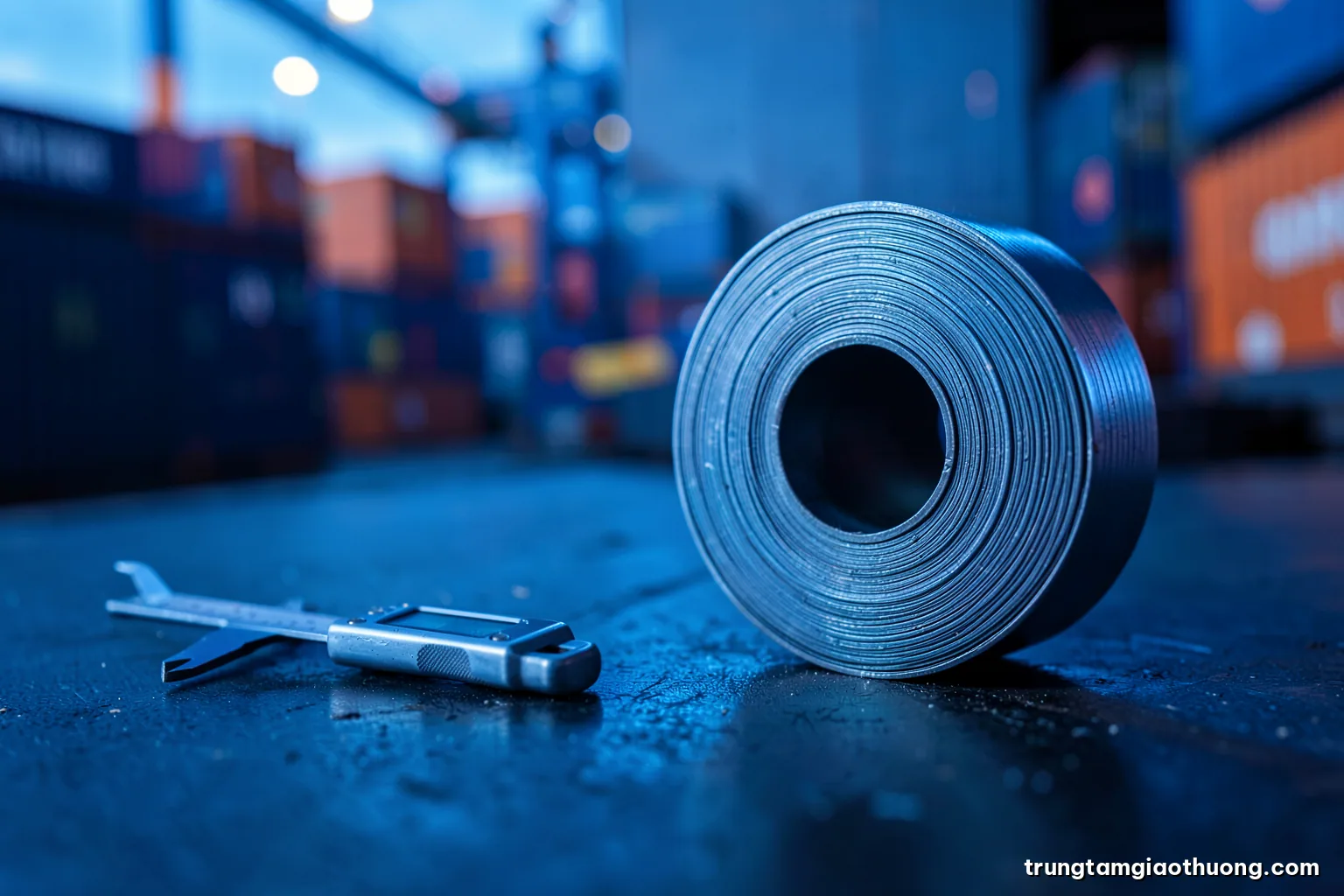 Macro shot of a precision steel coil cross-section beside a digital caliper on a dark workbench, cool blue rim light, shallow depth of field