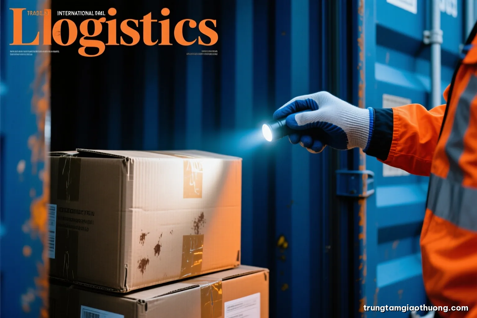 Macro shot of a cargo surveyor gloved hand inspecting water-stained cardboard cartons inside a container, flashlight beam, deep shadows, dramatic cyan and warm highlights