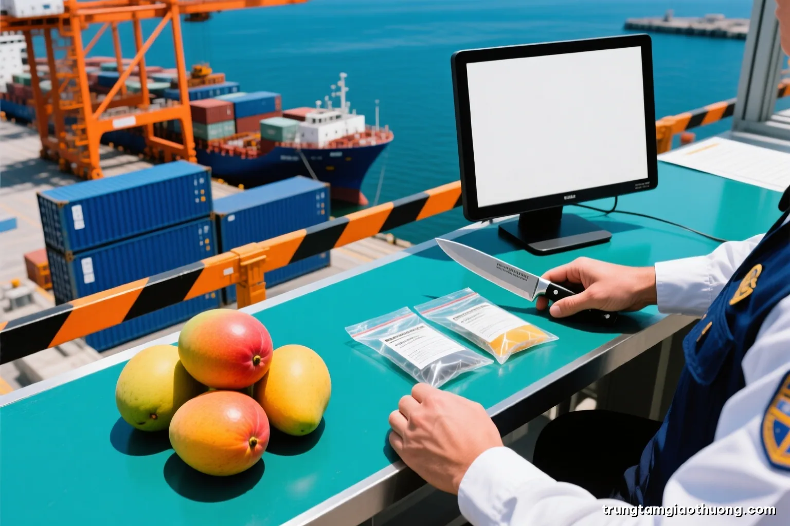 Overhead view of a customs inspection bench with fresh mangoes, a stainless sampling knife and sealed sample bags, cool daylight, teal and white palette, inspector hands only