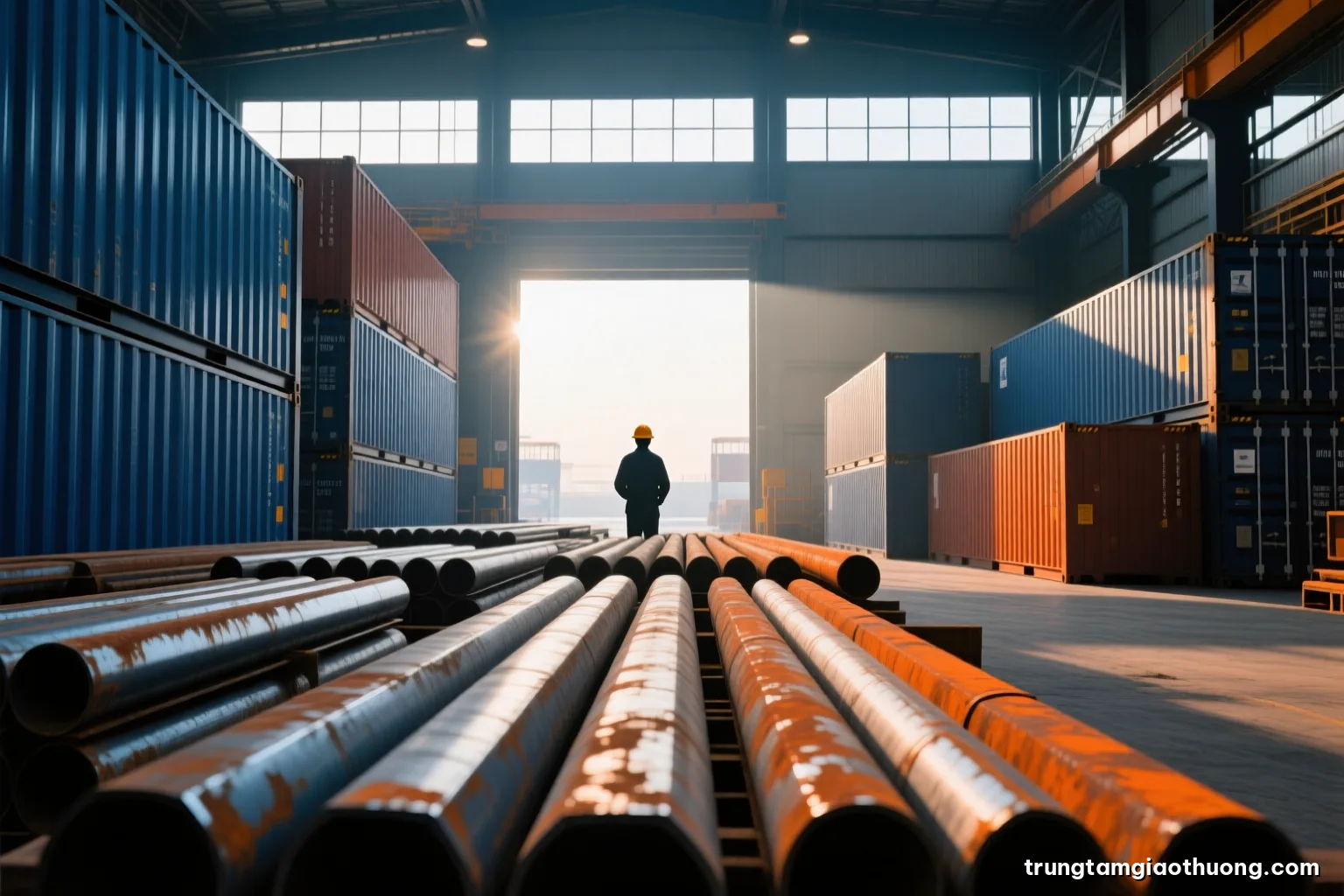 Low angle shot of long steel billets stacked in a warehouse with shafts of morning light through high windows, a hard-hat worker silhouetted in the distance, rust and slate palette