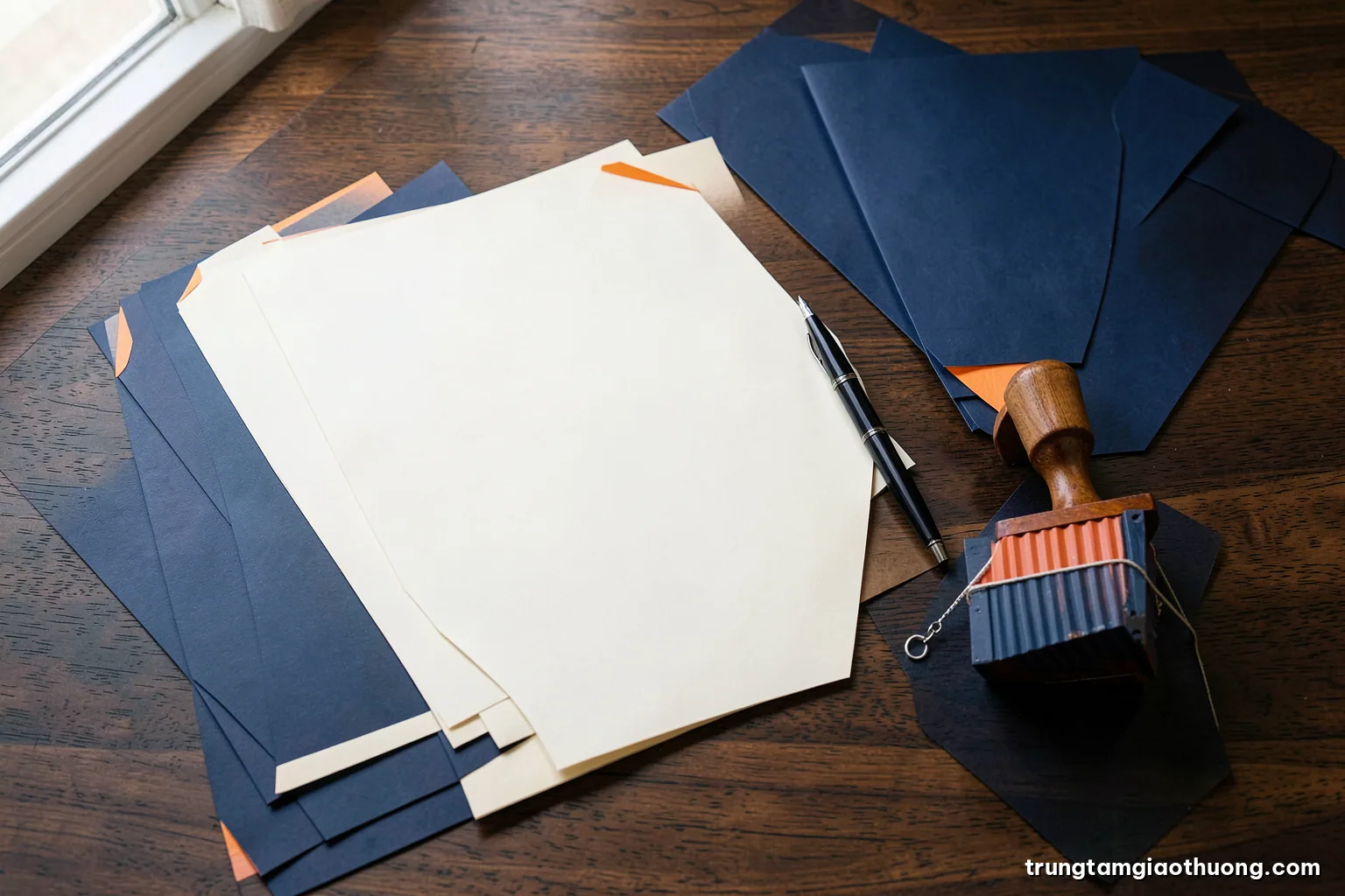 Top-down view of neatly arranged blank paper folders, a fountain pen, a rubber stamp and a small model container on a walnut desk, soft window light, cream and navy palette