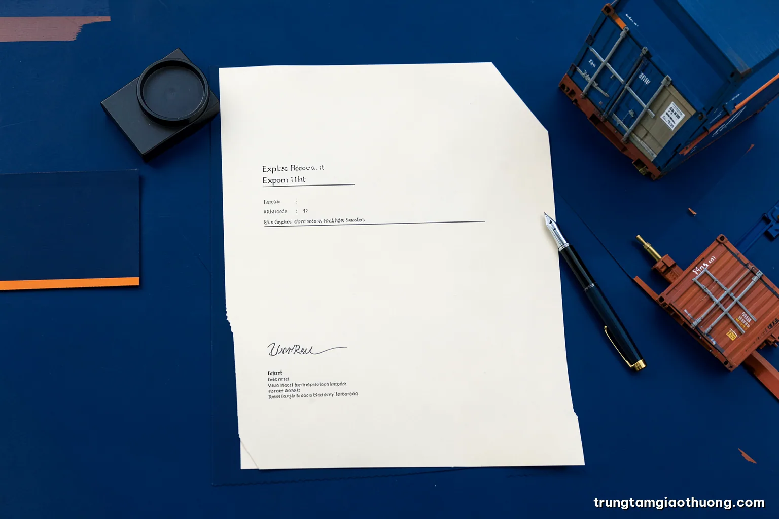 Top-down view of a tidy export desk with a blank stamped certificate sheet, ink pad, fountain pen and shipping container model, cool morning light, navy and cream tones