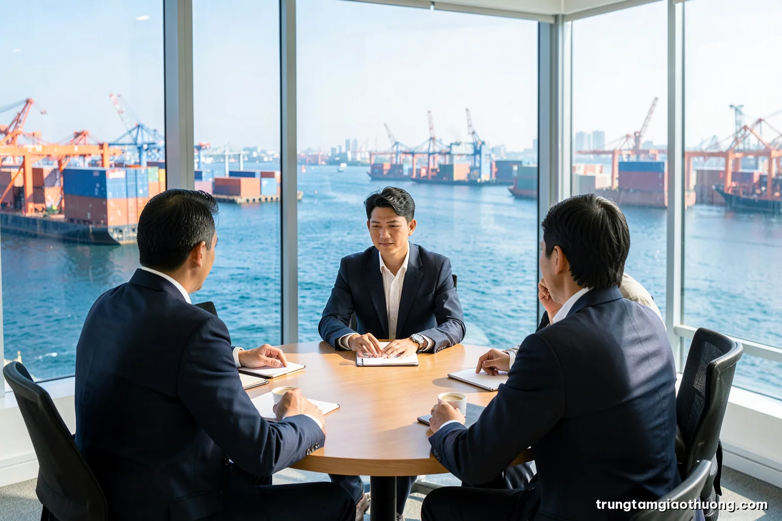 Vietnamese business team of three seen from behind at a round meeting table with blank notebooks and coffee, large window showing river and city skyline, bright morning light, white and terracotta tones
