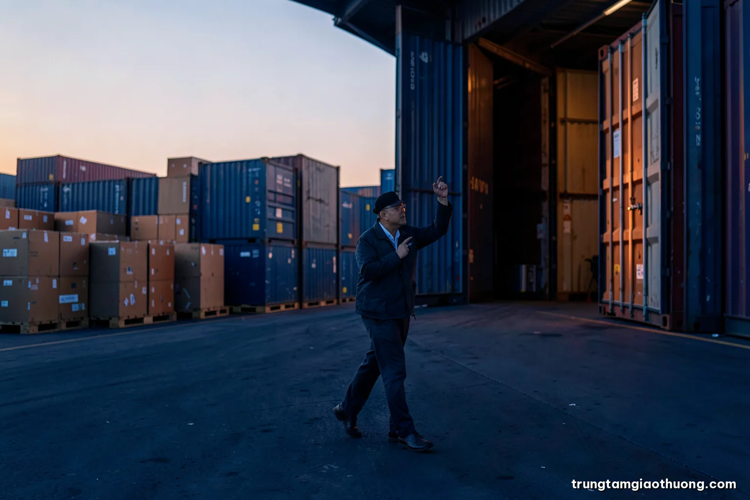 Wide shot of a Vietnamese export manager standing at a warehouse loading dock at dawn, stacked cartons and container doors open, soft orange light, muted navy palette