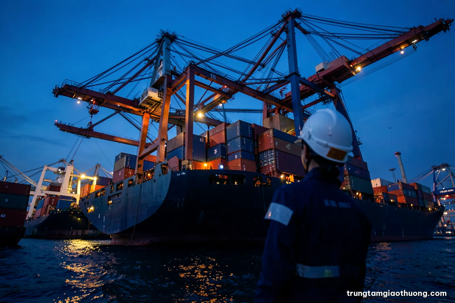 Low angle view of a container ship being loaded by gantry cranes at dusk, a Vietnamese logistics officer in helmet seen from behind, deep blue and amber palette