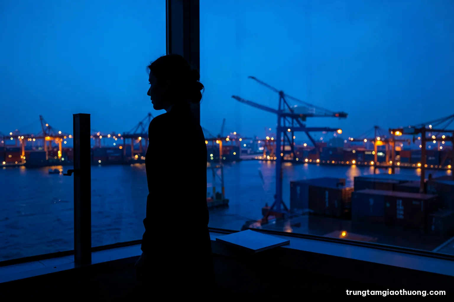 Silhouette of a Vietnamese analyst standing by a tall window overlooking a container terminal at blue hour, blank notepad on the sill, reflections of crane lights, indigo palette