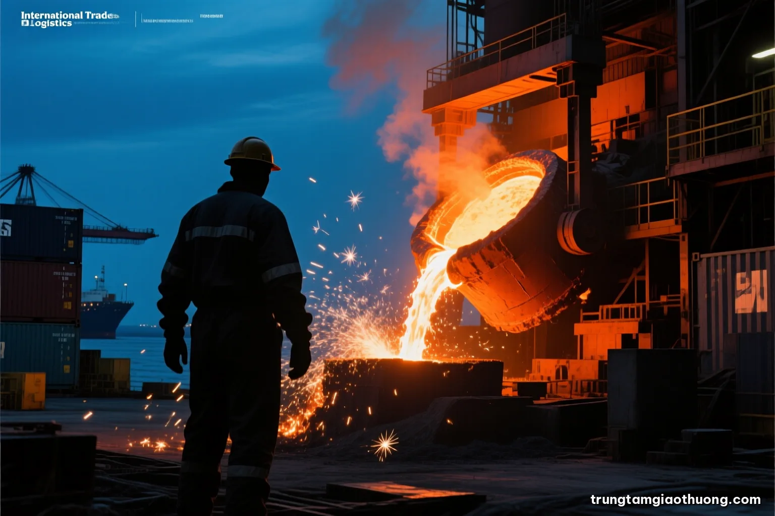 Silhouette of a steel mill worker against glowing molten metal pouring in a dark foundry, sparks flying, wide angle, deep orange and charcoal palette, face not visible