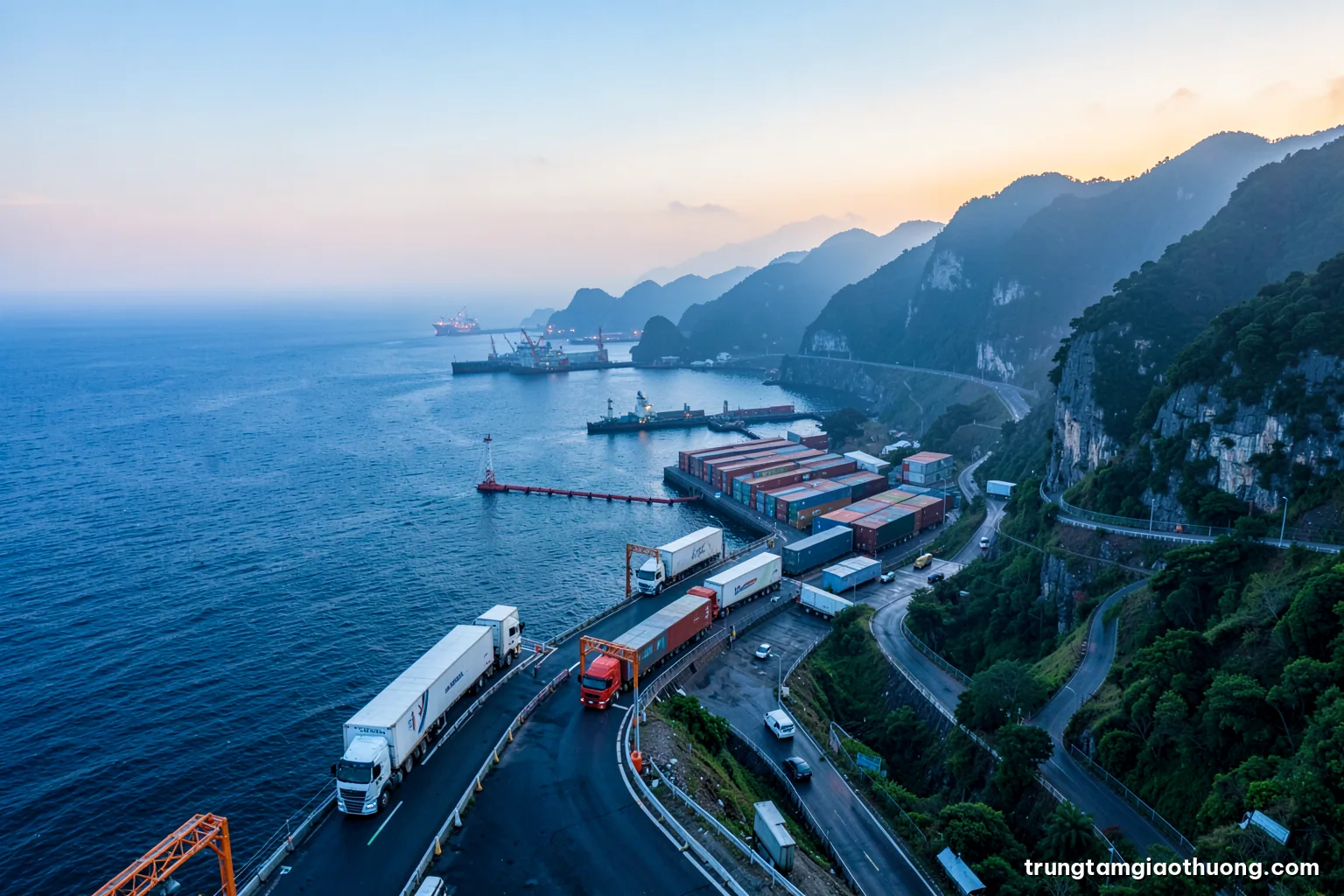 Wide aerial view at dawn of a long line of refrigerated trucks queuing on a winding mountain road toward a border checkpoint, misty limestone hills, cool blue and green palette