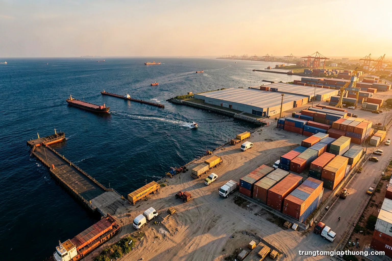 Aerial view of a riverside logistics hub in Vietnam where trucks, barges and a freight train meet at a container yard, golden hour, wide angle, warm earthy palette