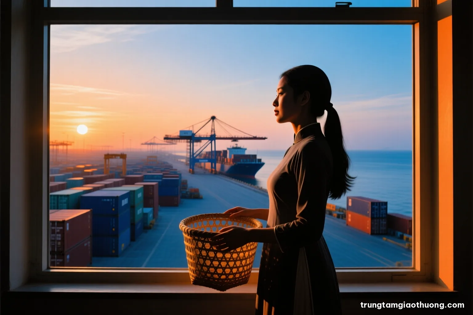 Silhouette of a Vietnamese woman at a large window overlooking a container port at sunrise, holding a handmade rattan basket, warm golden backlight, long shadows, orange and indigo palette