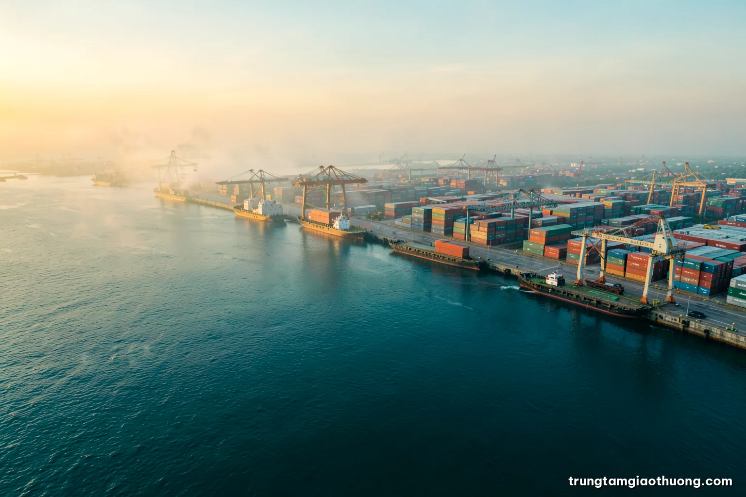 Aerial view of a Vietnamese river port at sunrise with cargo barges and container stacks, mist over the water, wide establishing shot, soft gold and teal palette