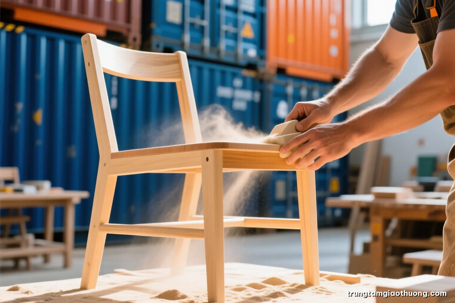 Close-up of hands sanding a pale acacia wood chair frame in a bright furniture workshop, fine dust in sunbeams, shallow depth of field, honey and cream tones