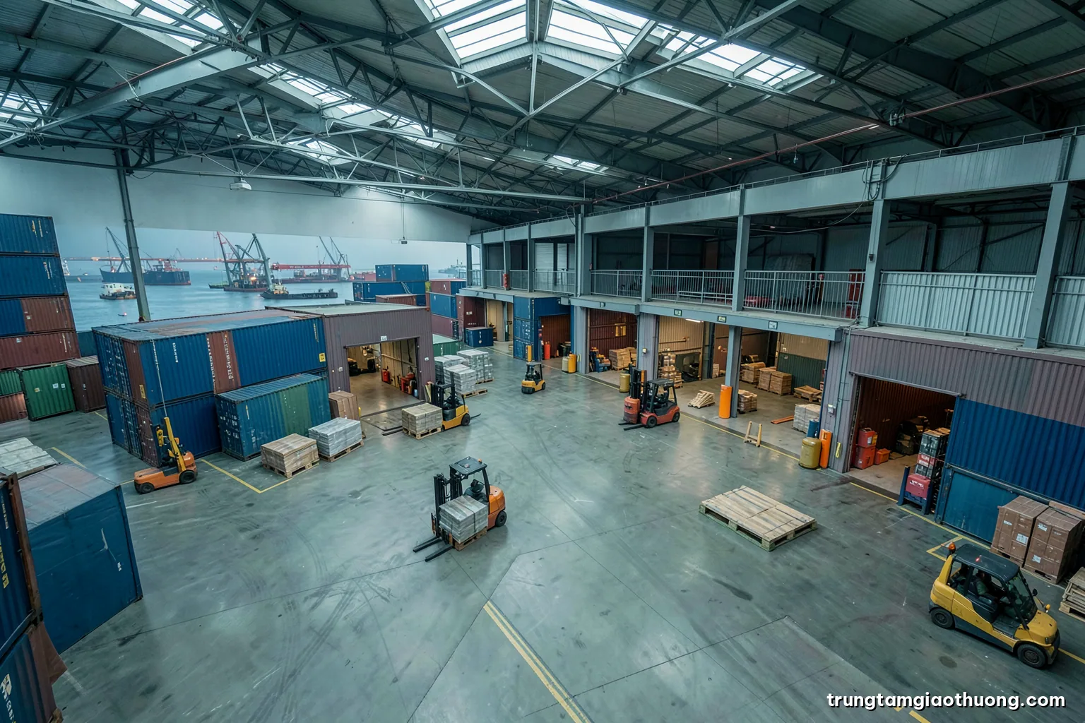 Wide overhead shot of a regional distribution warehouse with forklifts moving pallets between loading bays, soft diffused skylight, desaturated green and grey palette, sense of flow