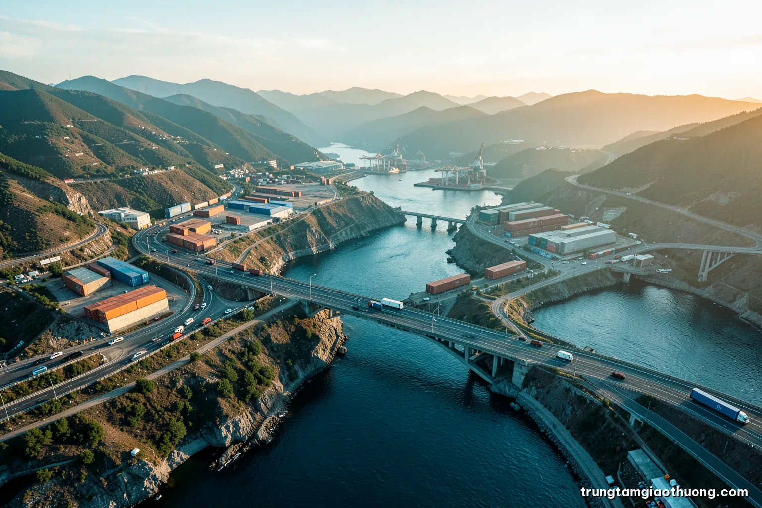 Wide aerial view of a mountain border crossing with a highway bridge spanning a river valley, cargo trucks crossing, golden hour haze, muted teal and ochre palette