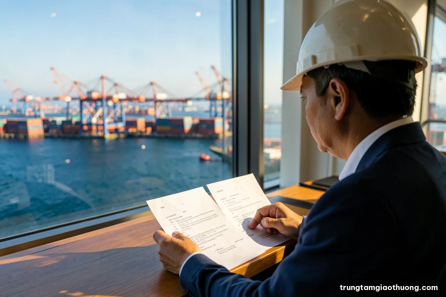 Over-the-shoulder shot of a Vietnamese logistics officer comparing two blank paper quotations at a desk by a window overlooking cranes, warm afternoon light