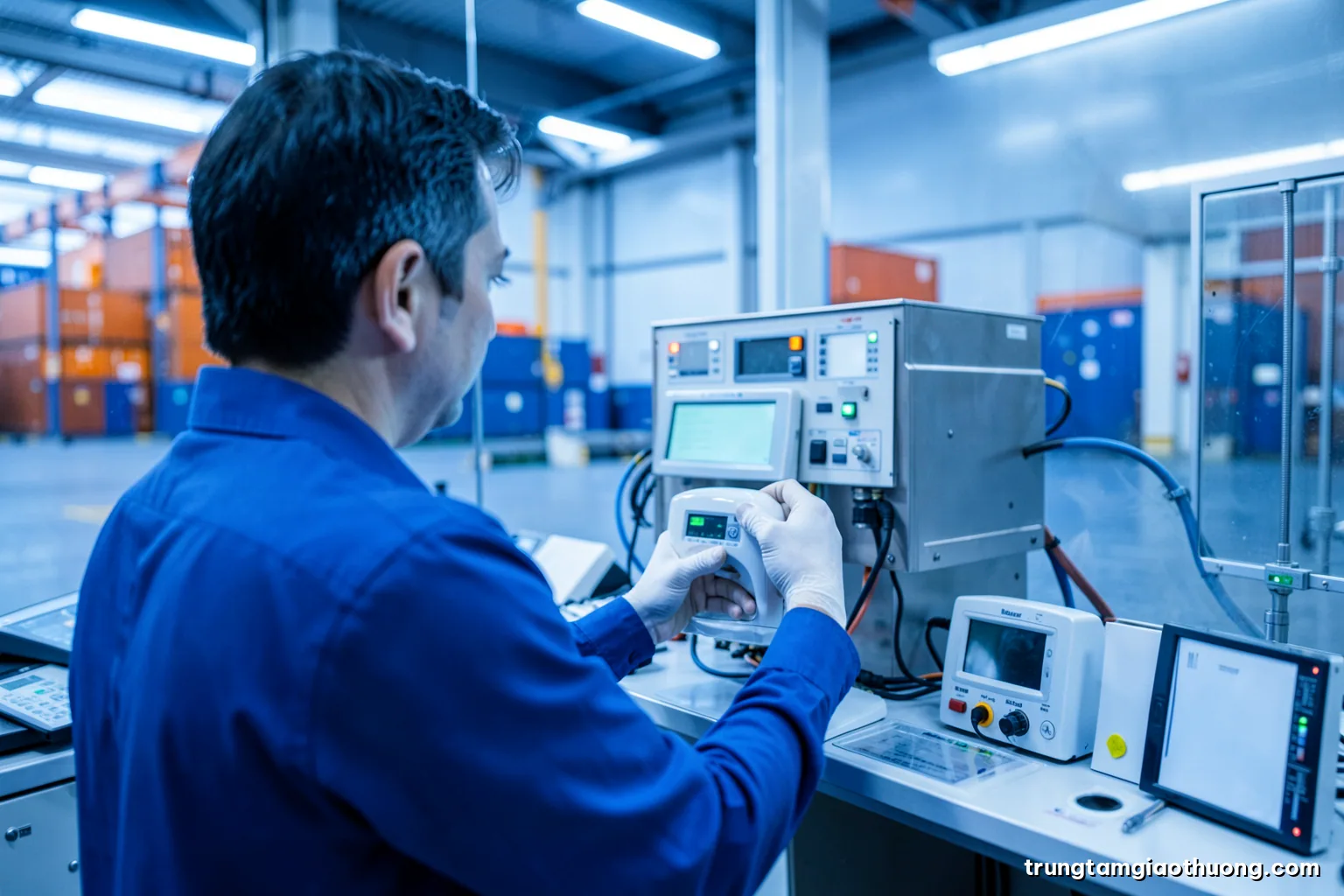 Over-the-shoulder view of an engineer testing a small household appliance in an electrical safety lab, blank instrument panels, cool blue lighting, stainless steel and white tones