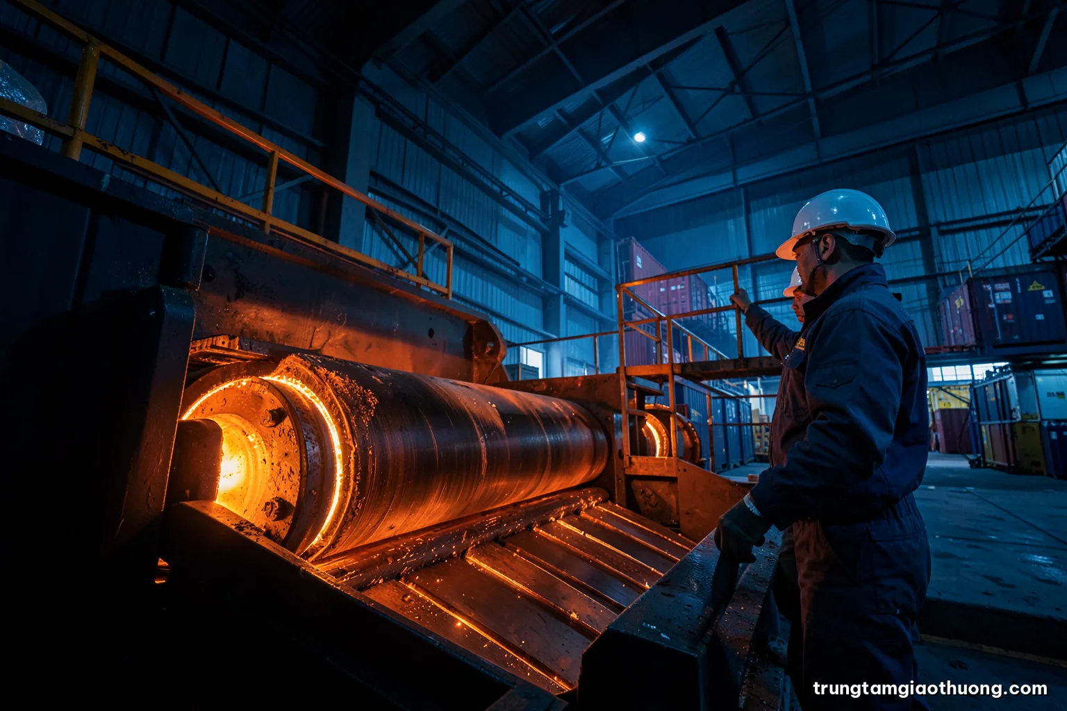 Low angle shot of a Vietnamese steel rolling mill interior with glowing hot strip and two engineers in hard hats observing from a catwalk, dramatic orange light, deep shadows