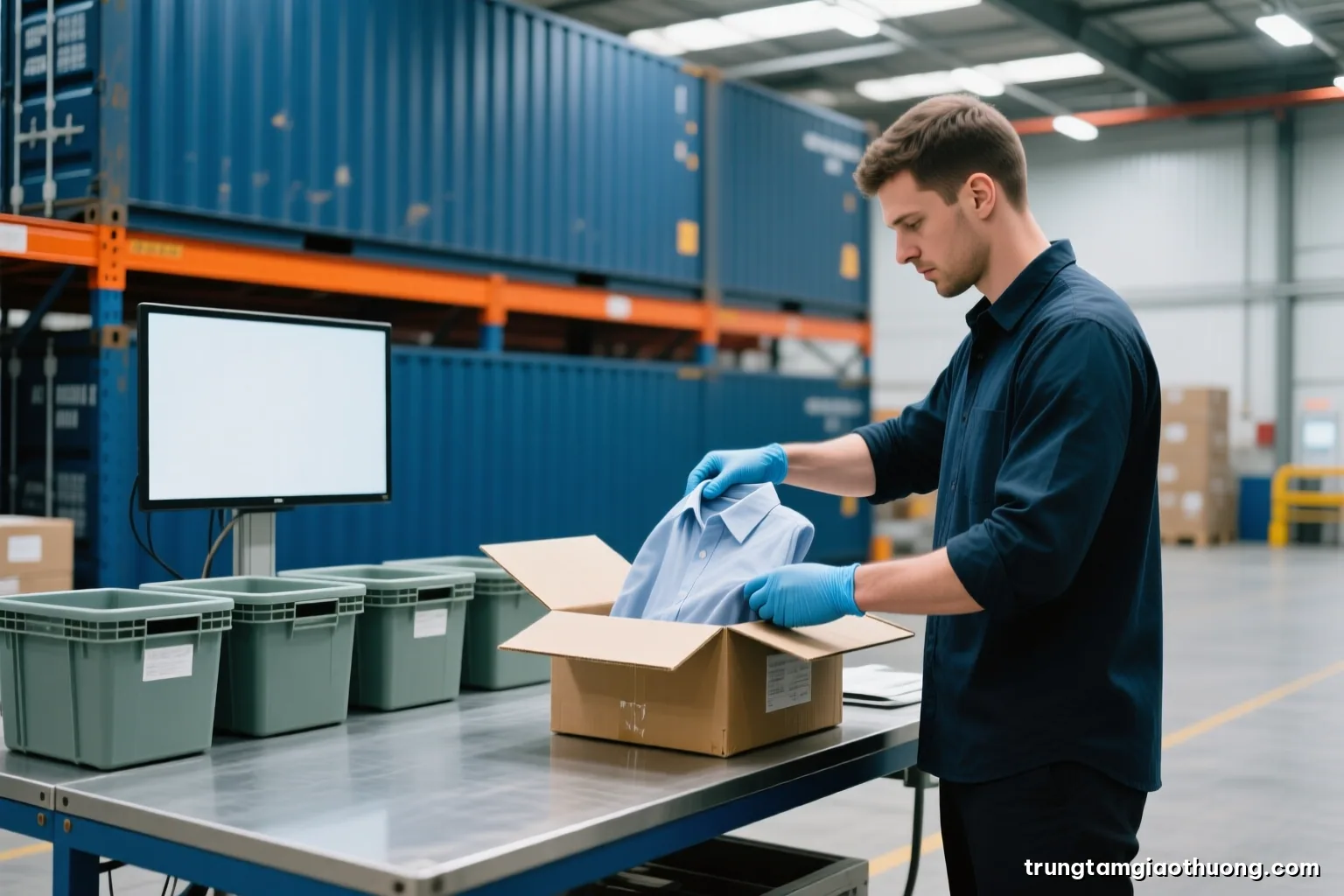 Side view of a returns inspection bench in a quiet warehouse, gloved hands unfolding a linen shirt from an opened parcel, neat bins in the background, soft overhead light, grey and sage tones