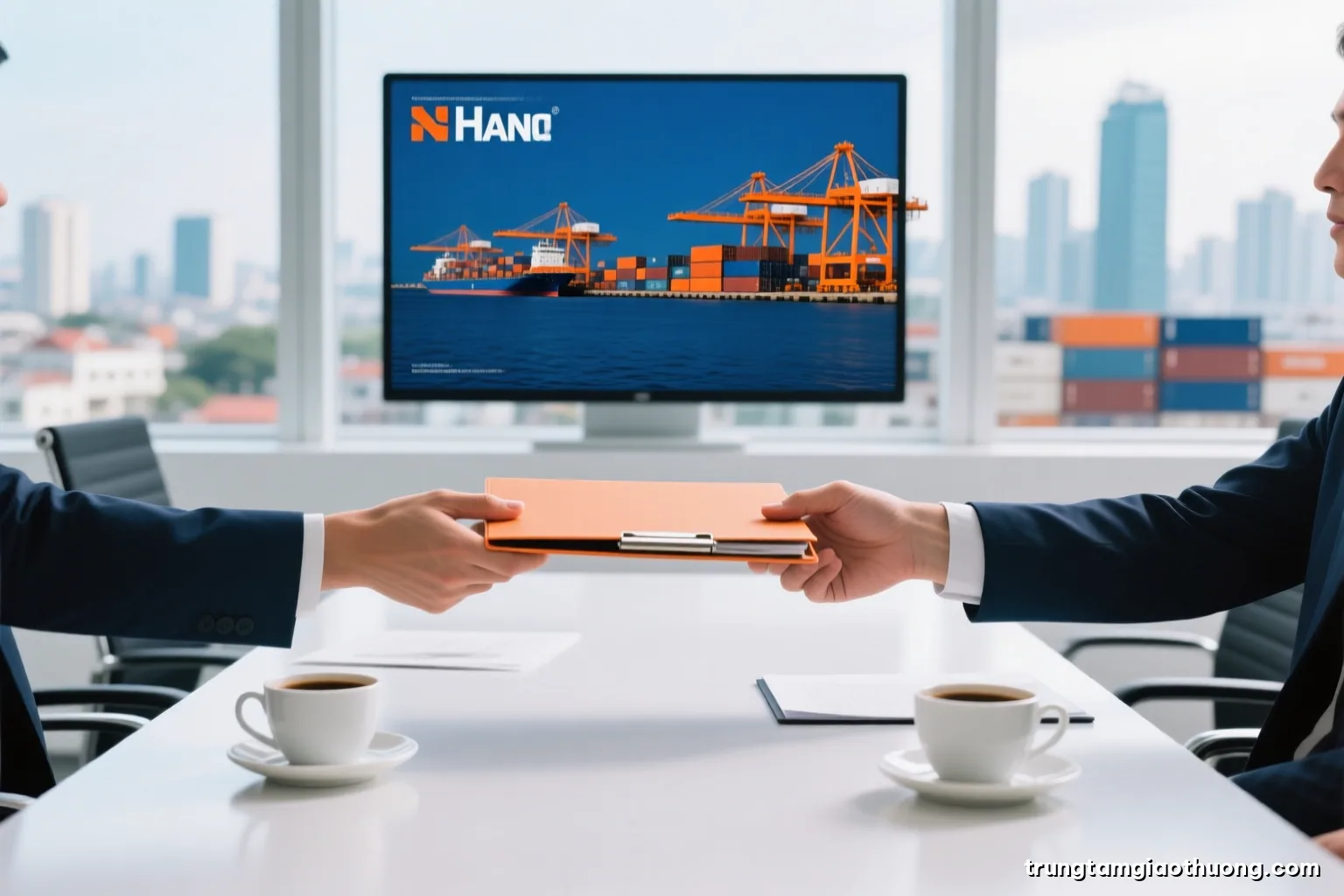 Two pairs of hands exchanging a closed folder across a meeting table in a bright Hanoi office, coffee cups, city view blurred behind, clean white and navy palette