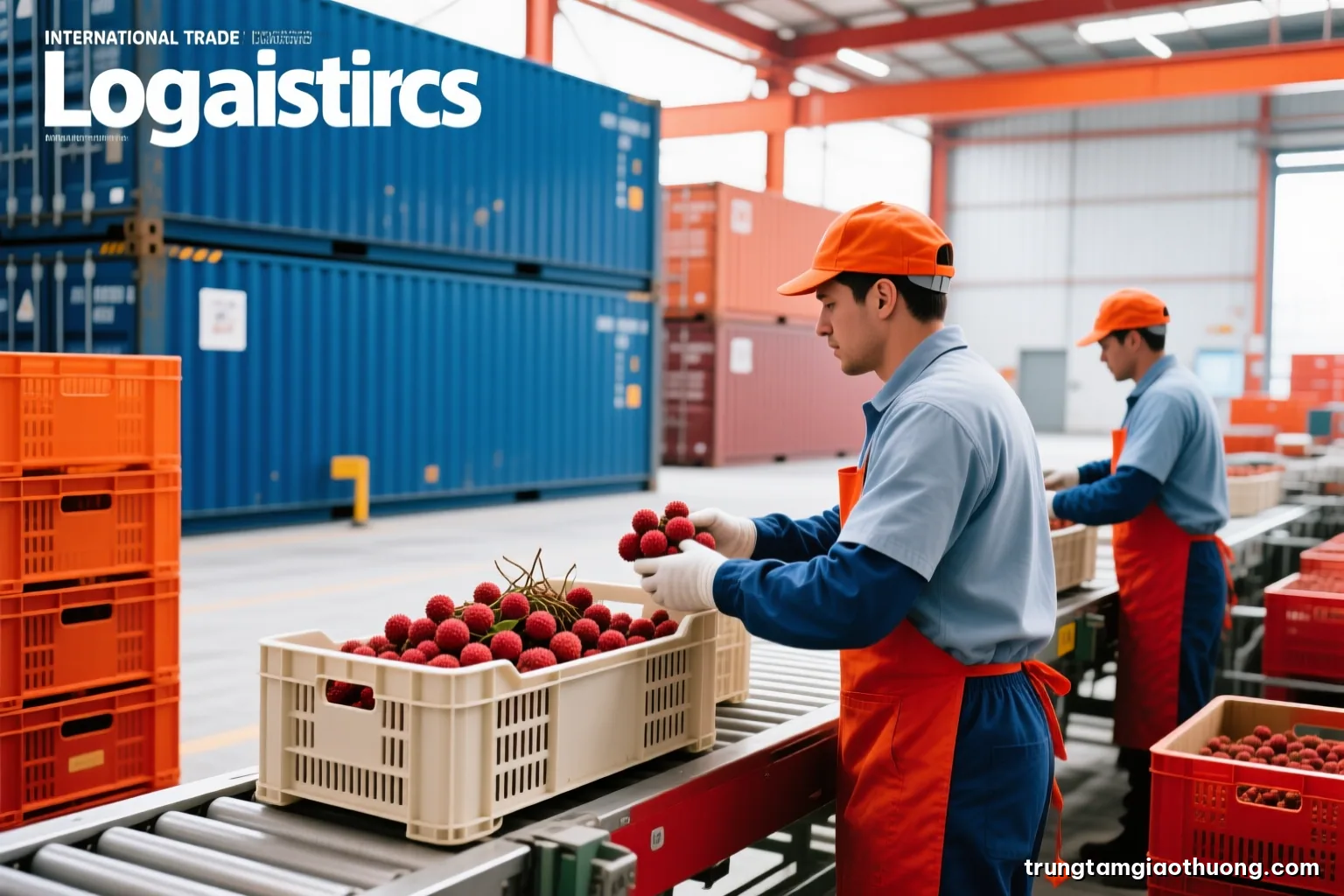 Side view of workers in a bright packing house placing fresh lychees into plain ventilated cartons on a conveyor, faces turned away, cool morning light, red and white palette