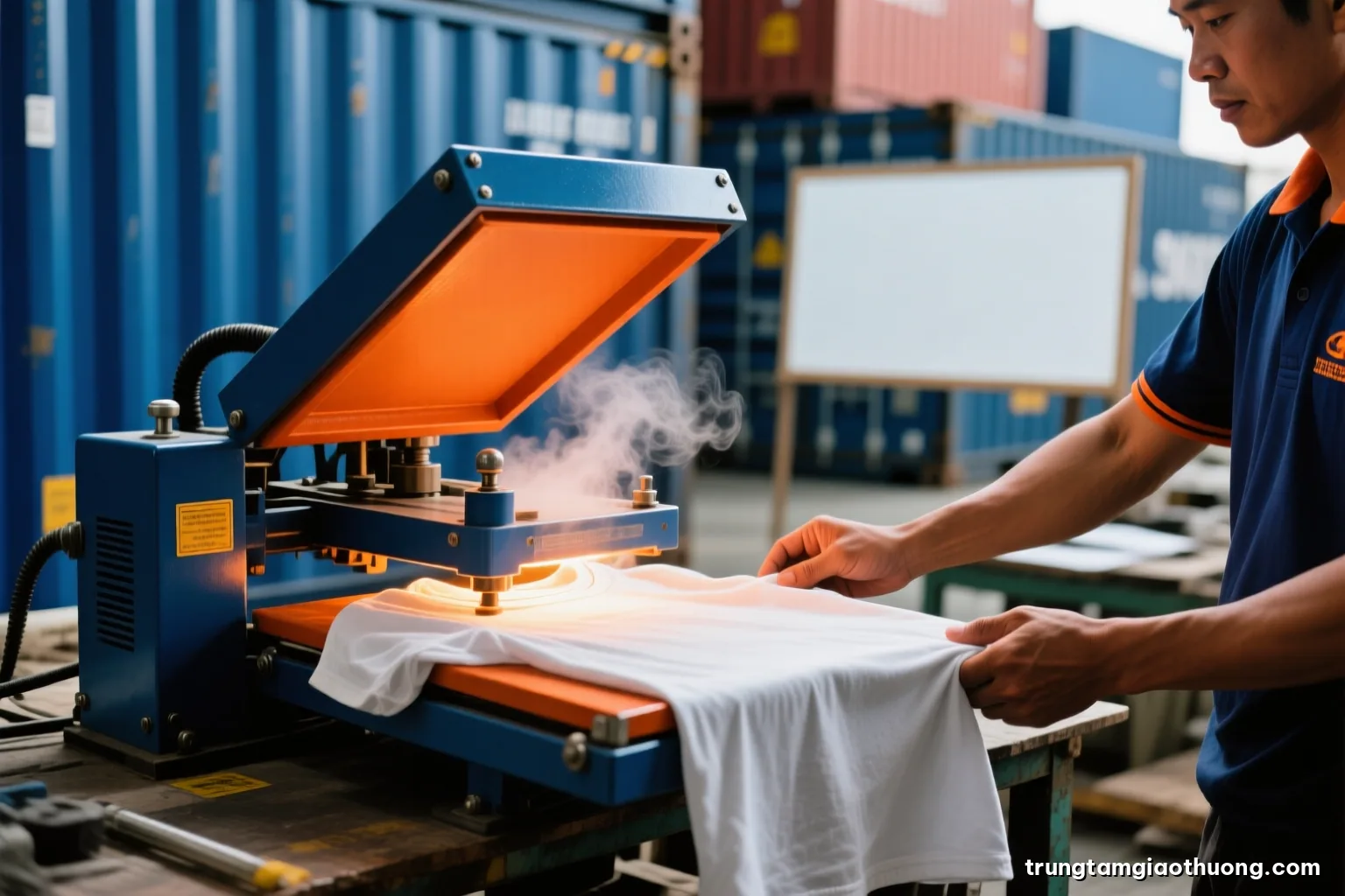 Close-up of a heat press machine opening over a plain cotton t-shirt in a small Vietnamese workshop, operator hands visible, steam rising, warm tungsten light, shallow depth of field
