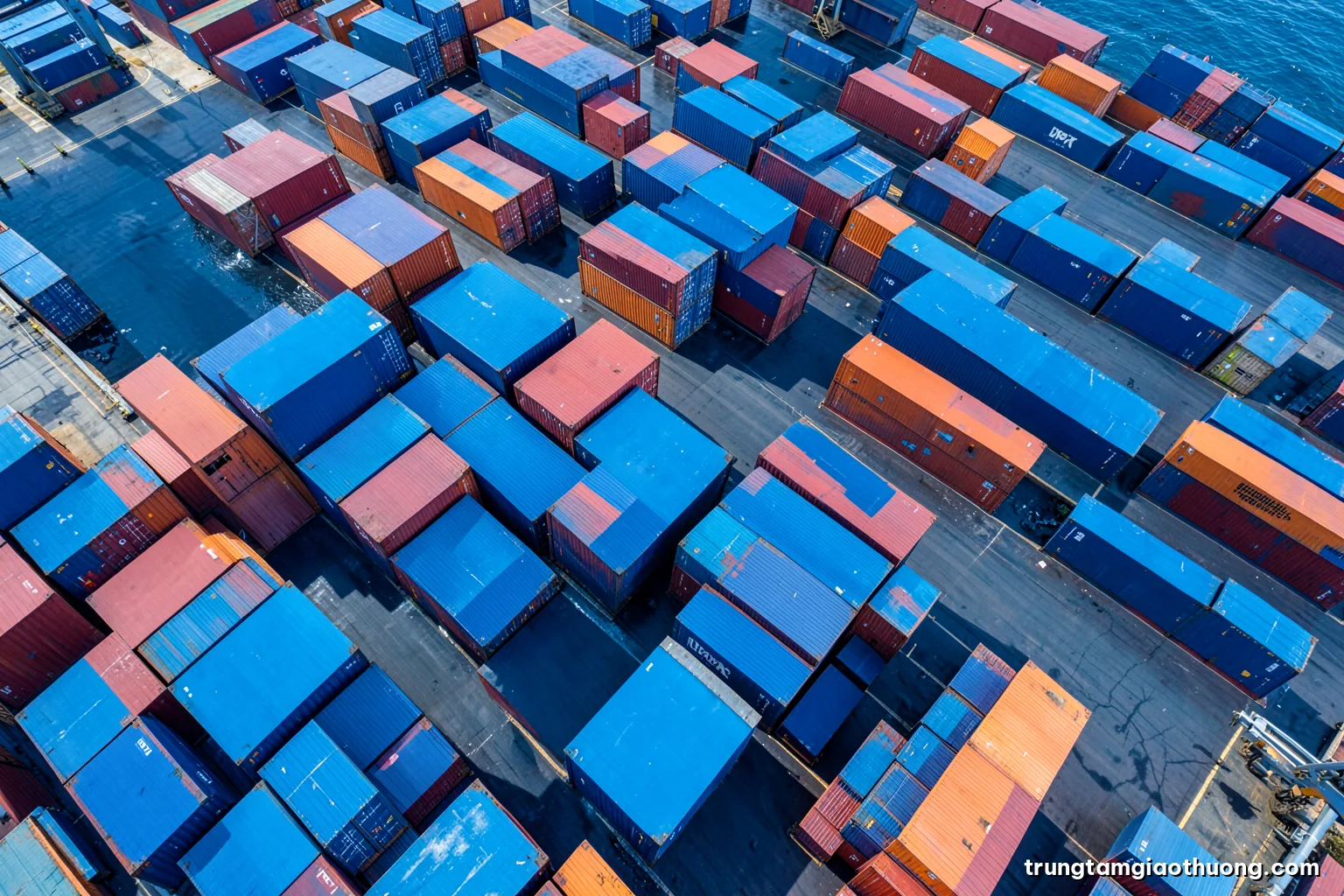 Top-down macro of shipping containers in a port yard seen from a drone, geometric rows of blue, red and orange boxes, crisp midday light, high contrast