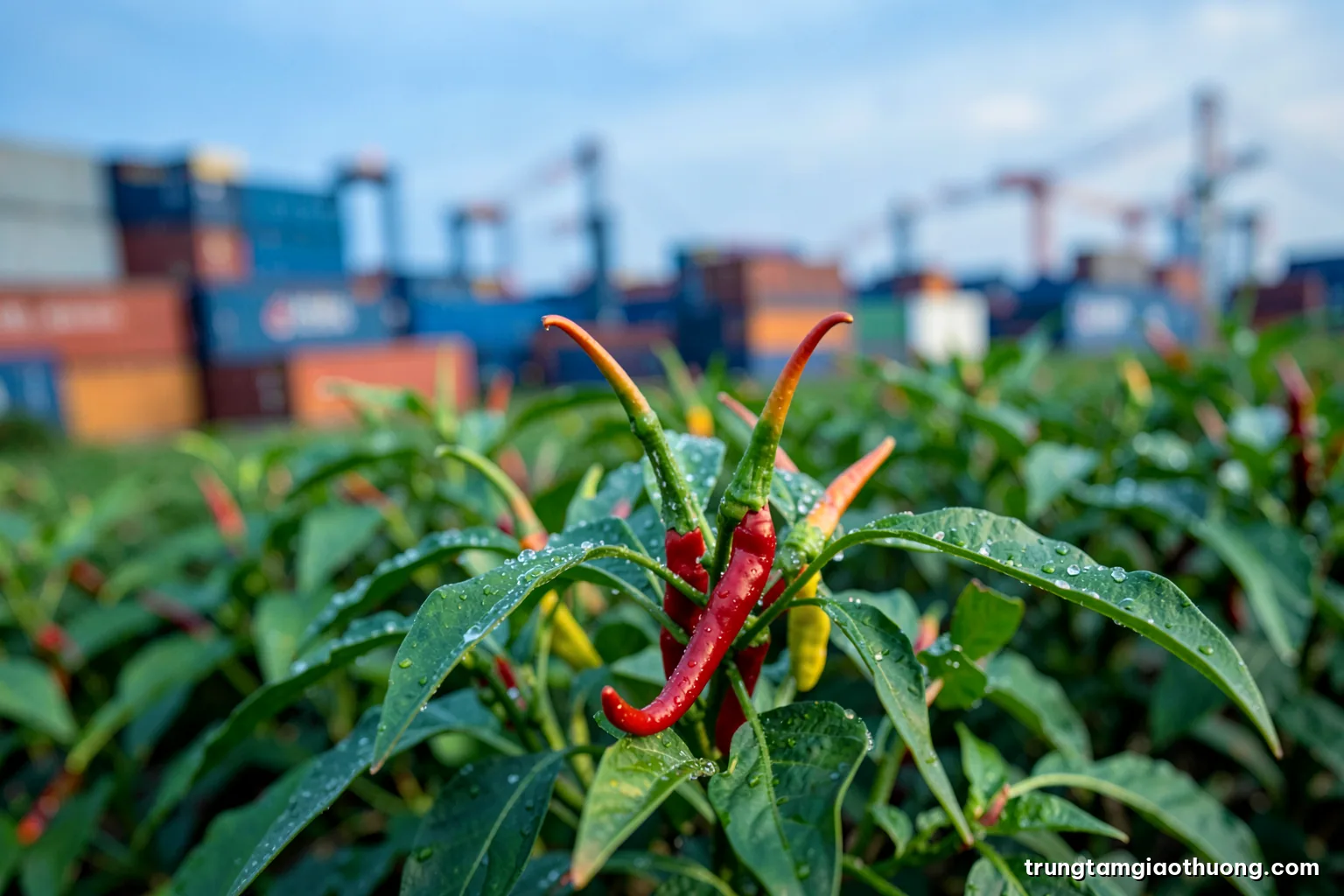 Macro shot of dew-covered chili peppers on the plant in an early morning field in the Mekong Delta, shallow depth of field, soft green and red tones
