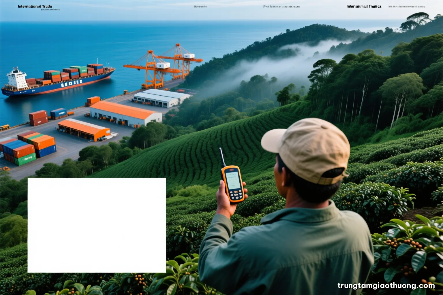 Aerial view of a coffee farm bordering dense forest on a misty Central Highlands hillside, a farmer holding a handheld GPS device seen from behind, deep green palette