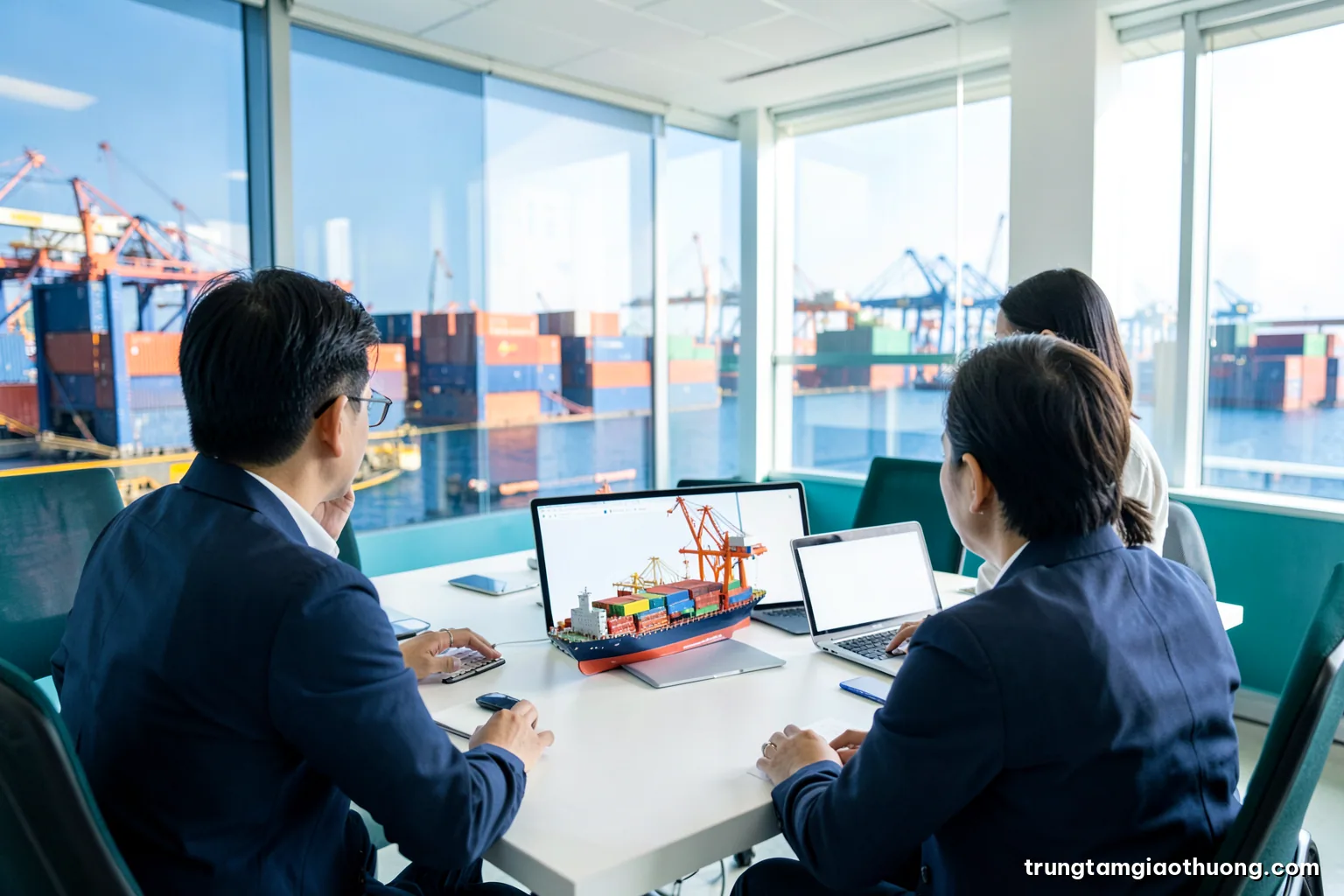 Three Vietnamese professionals seen from behind around a bright meeting table with a scale model cargo ship and laptops with blank screens, white and teal office, natural daylight