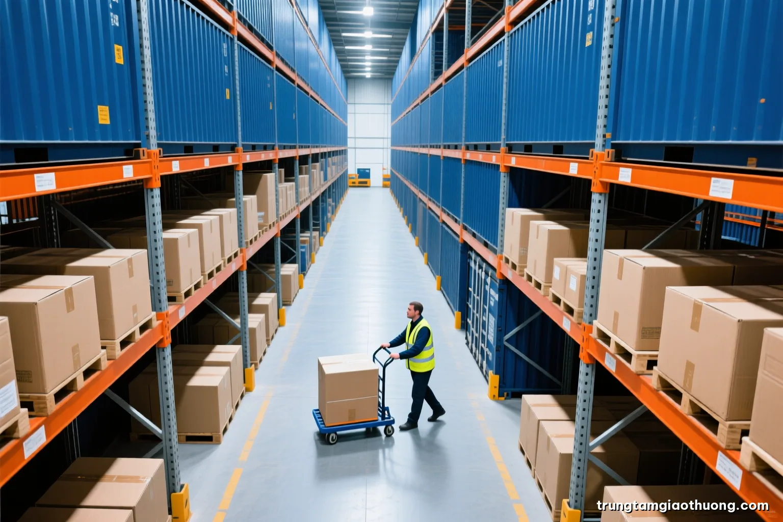 Wide high-angle shot of a bright fulfillment warehouse, tall metal racks with plain cardboard cartons, a worker in a reflective vest pushing a picking cart, cool white light