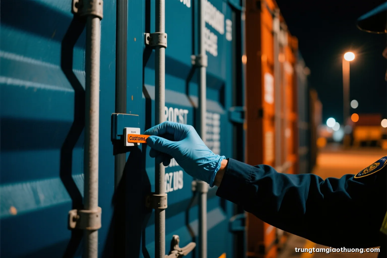 Close-up of a customs officer hand in gloves inspecting the seal of a shipping container at night, harsh sodium light, deep shadows, dark teal and amber palette, documentary style