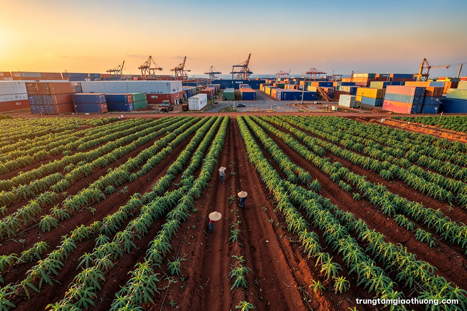 Wide aerial view of neat dragon fruit rows on red soil at sunrise, a few farmers in conical hats walking between plots, warm golden light, green and rust palette