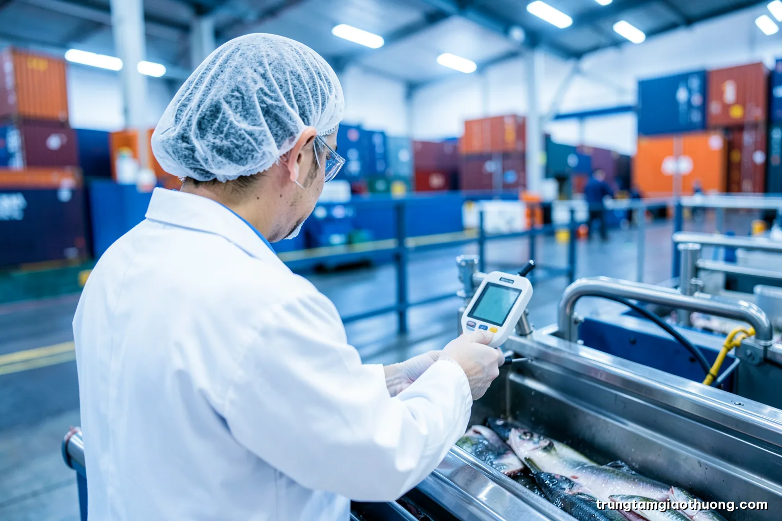 Over-the-shoulder view of a food technician in white coat and hairnet checking a probe thermometer in a seafood processing line, bright clinical light, blue and silver tones