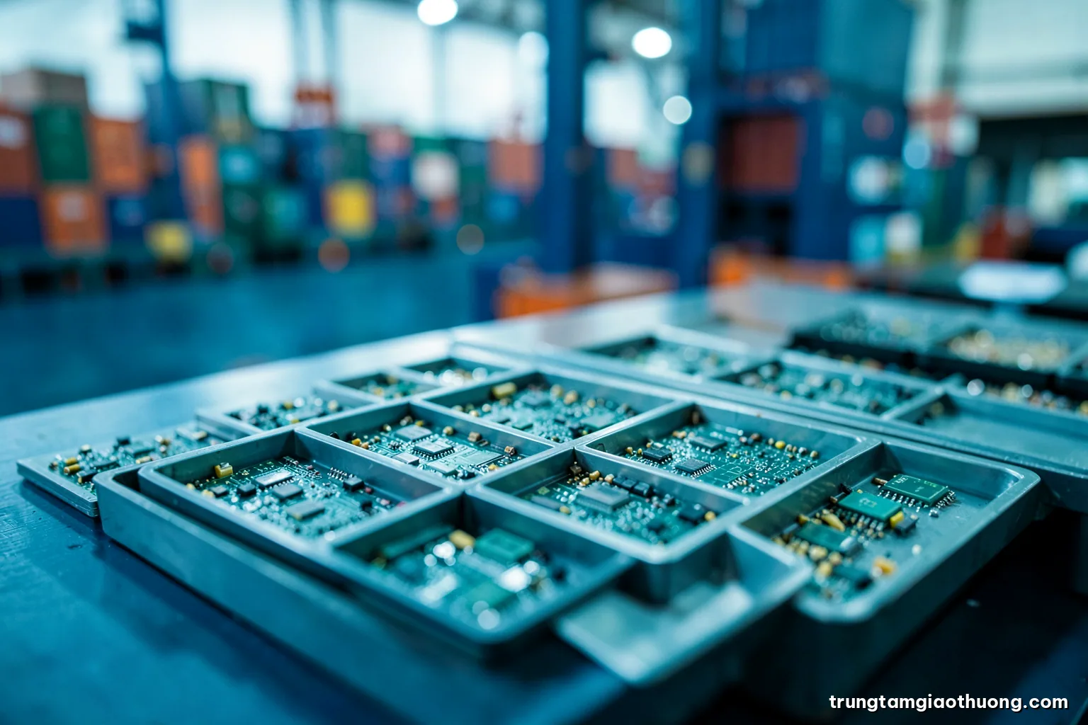 Macro shot of electronic circuit boards and small components sorted in trays on an assembly bench, shallow depth of field, cool white and teal lighting, clean industrial mood