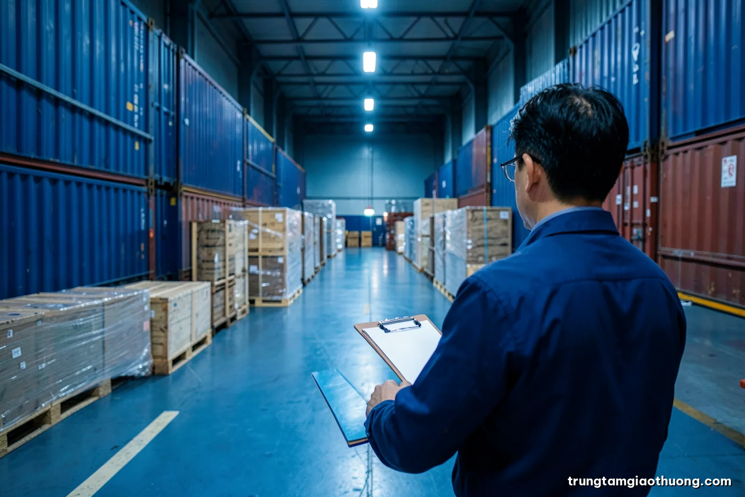 Wide view of a quiet bonded warehouse aisle with sealed wooden crates and wrapped pallets, a Vietnamese inspector seen from behind with a clipboard of blank sheets, cool fluorescent light