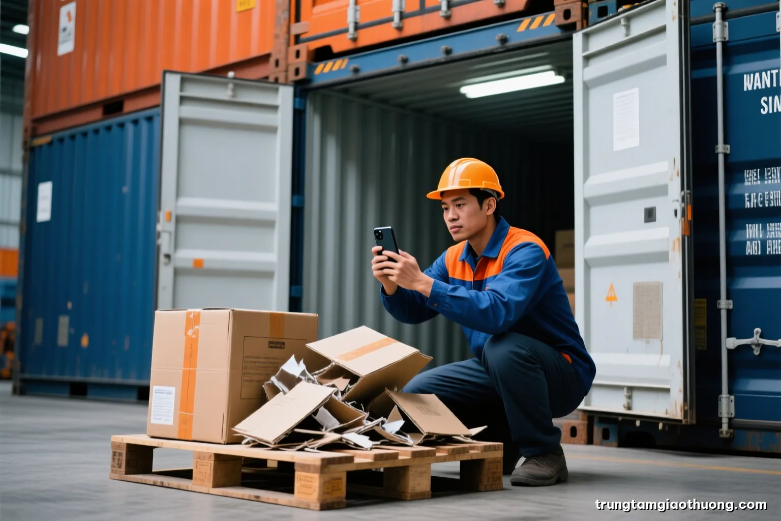 Close-up of a Vietnamese warehouse worker photographing crushed cartons on a pallet with a smartphone, container doors open behind, harsh fluorescent light, grey and orange tones