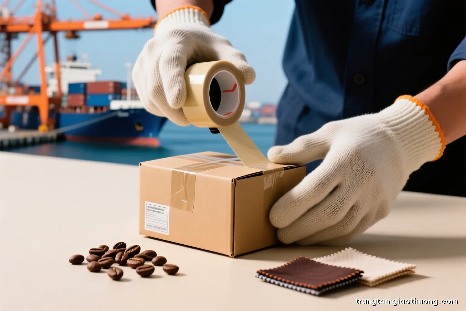 Macro shot of a small cardboard parcel being sealed with tape by gloved hands, coffee bean and fabric swatches beside it, soft diffused studio light, neutral beige palette