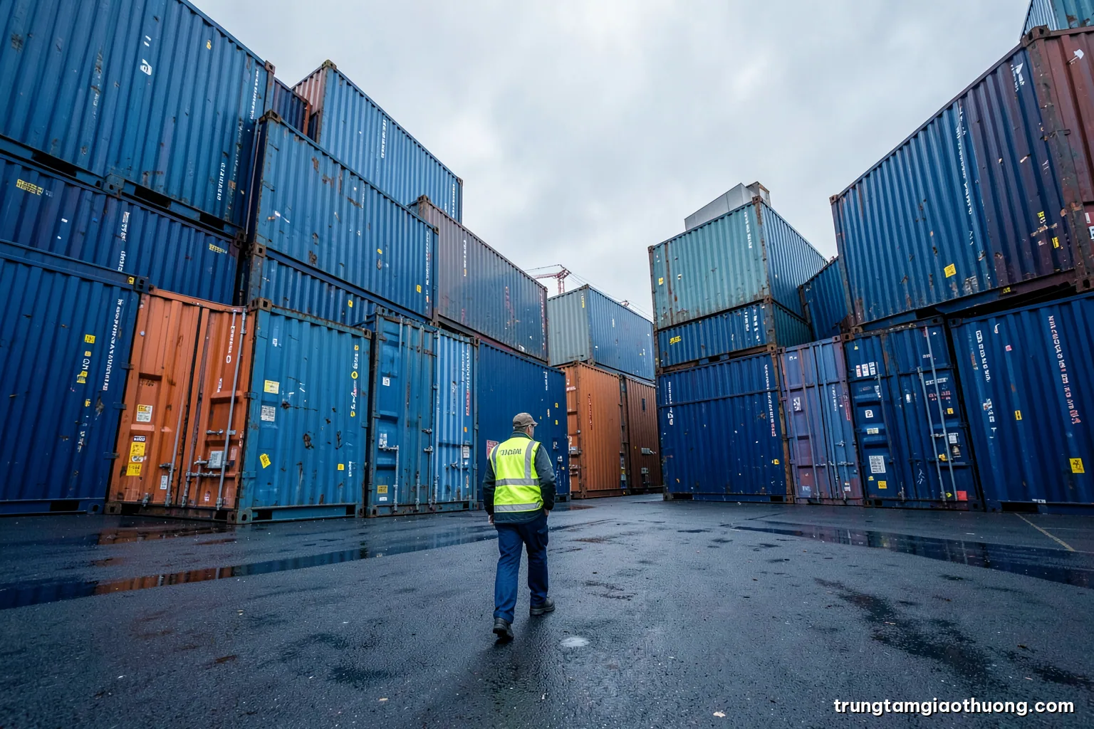 Low angle shot of stacked reefer containers at a European port under overcast sky, a lone inspector in high-visibility vest walking away, cold grey and orange tones