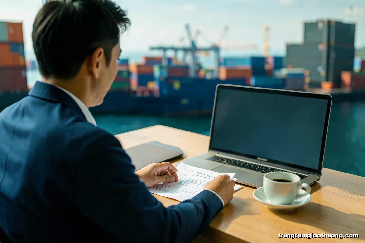 Over-the-shoulder view of a Vietnamese logistics officer at a tidy desk reviewing blank forms beside a closed laptop and a cup of coffee, morning side light, soft green tones