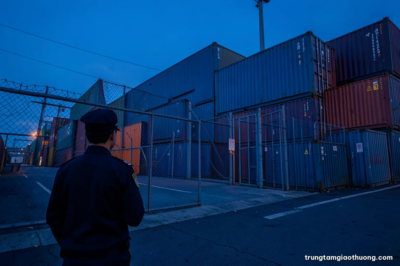 Low-angle view of a fenced customs-supervised warehouse at a Vietnamese port at dusk, sealed shipping containers stacked beside the gate, a customs officer seen from behind, blue hour light