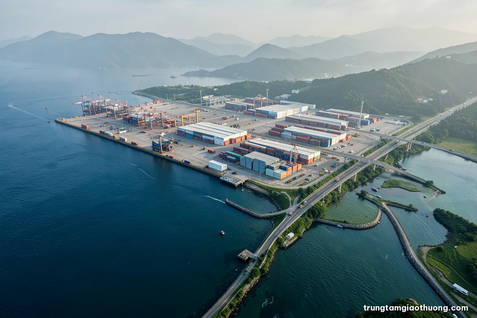 High aerial drone view of warehouses, container yards and a highway interchange beside a river border in green hills, morning haze, soft grey and green palette