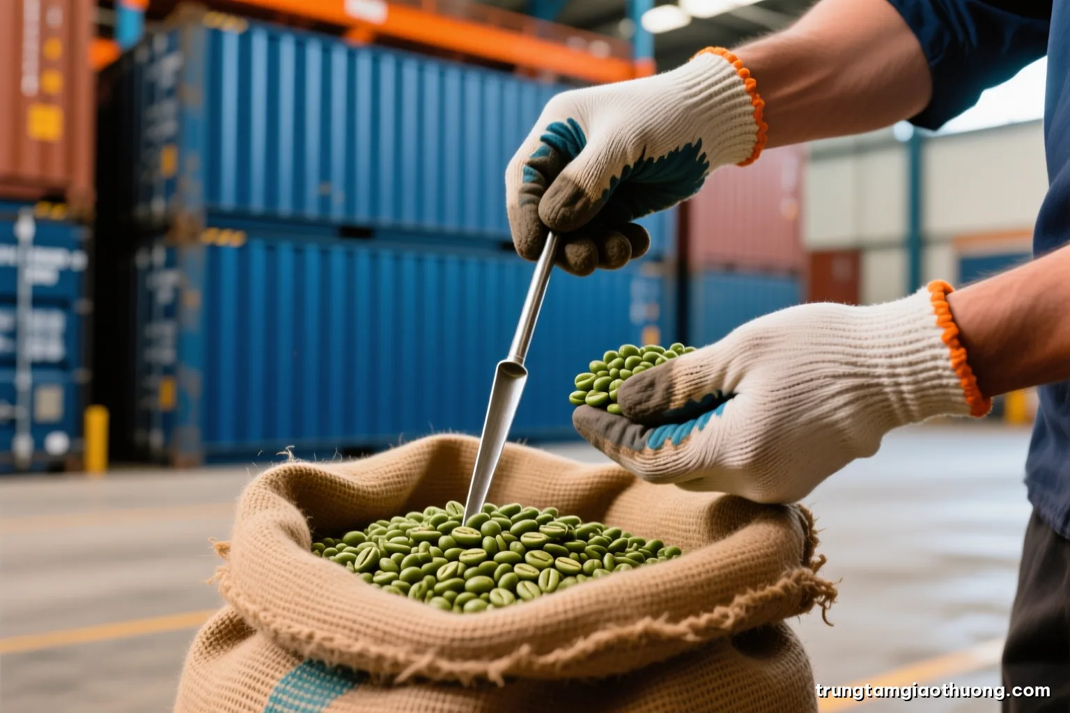 Close-up of gloved hands taking a sample of green coffee beans from a jute sack with a metal probe in a bright warehouse, shallow depth of field, earthy brown tones