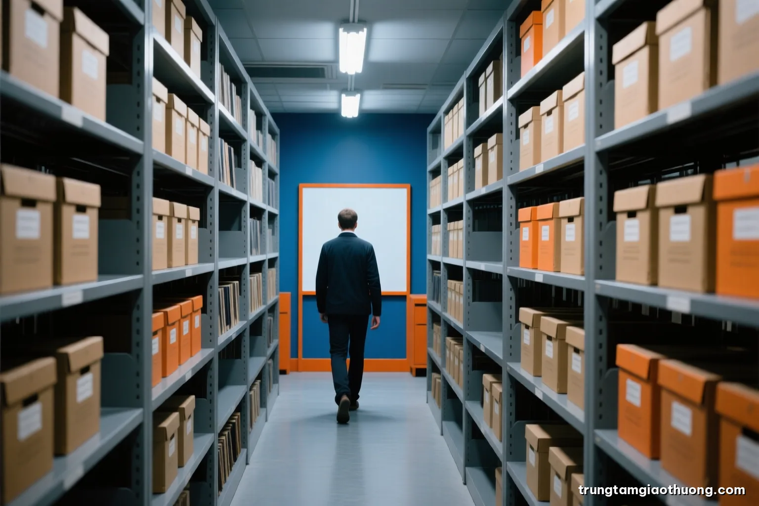 Wide shot of a quiet records room with tall grey shelves of archive boxes, a person seen from behind walking down the aisle, cool fluorescent light, muted palette