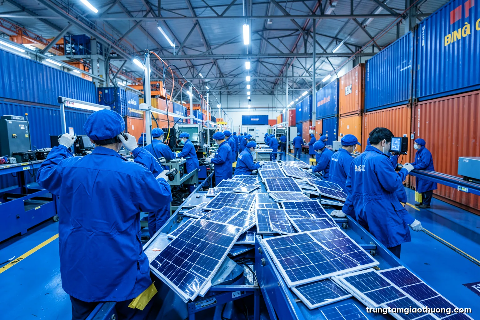Wide angle view of a Vietnamese electronics assembly line with workers in blue smocks seen from behind, rows of unbranded solar cells on conveyor, clean white light, cobalt tones