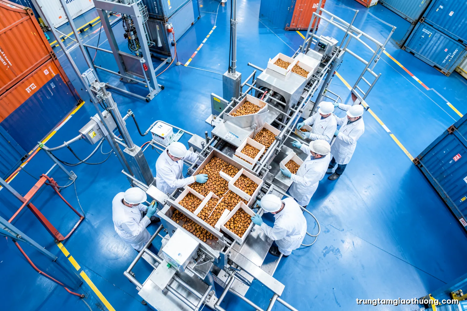 Top-down view of a stainless steel food processing line with workers in white coats packing dried fruit into plain cartons, bright clean lighting, white and silver palette