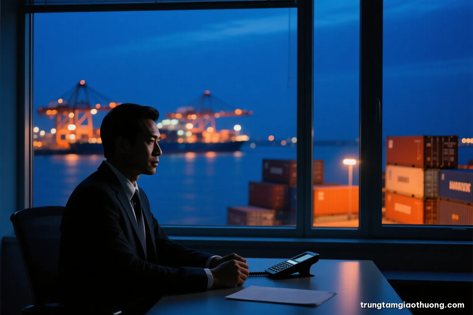 Silhouette of a Vietnamese businessman at a dim office window at night, port lights blurred in the distance, phone face down on the desk, moody indigo palette