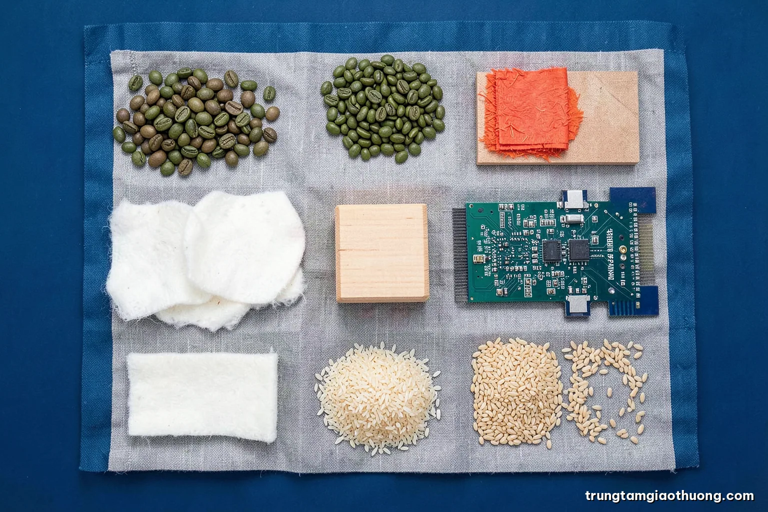 Top-down studio shot of assorted trade goods arranged in a neat grid on grey linen: green coffee beans, cotton swatch, wooden block, circuit board, rice grains, soft even light