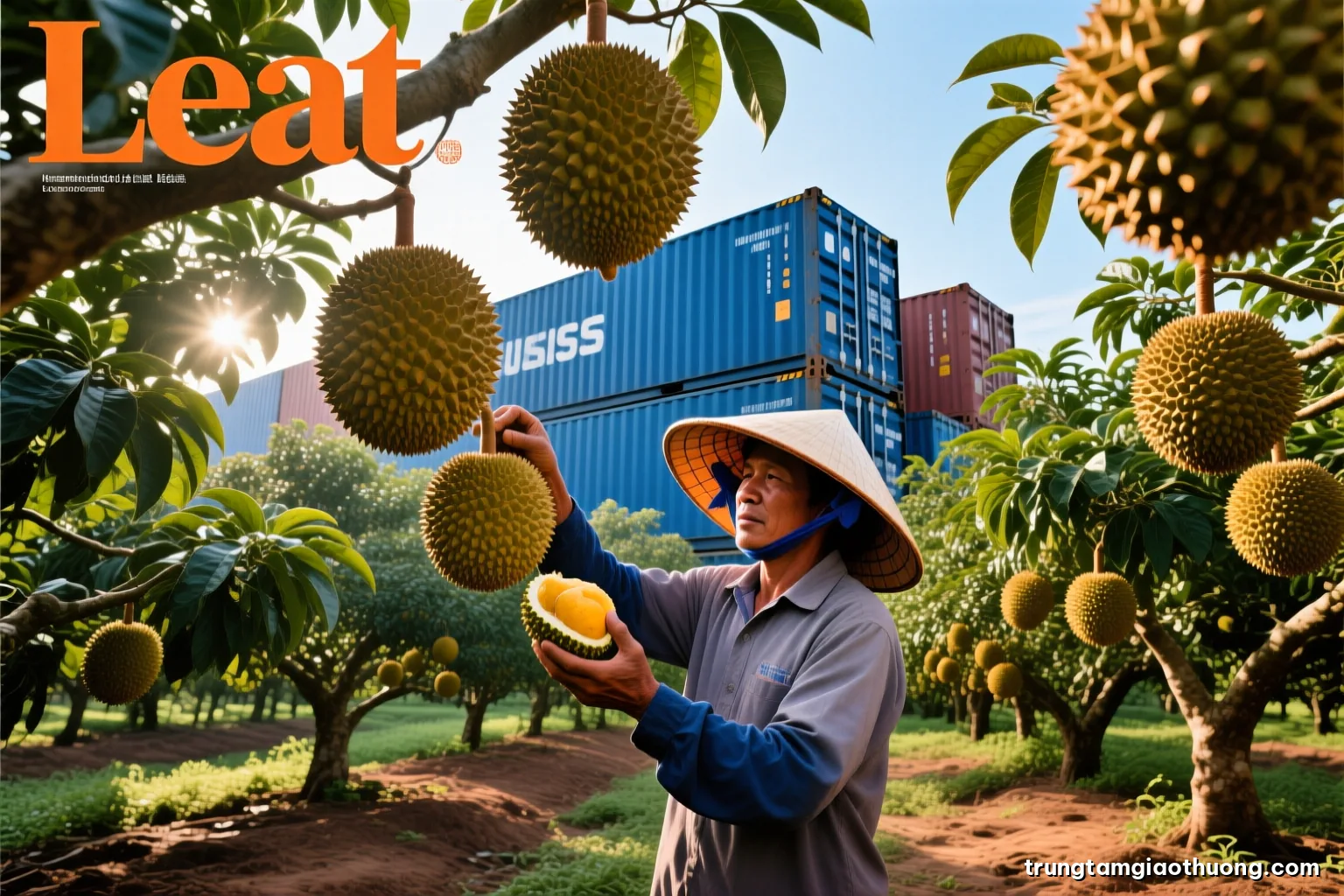 Low angle view through rows of durian trees in a southern Vietnamese orchard, a farmer in a conical hat inspecting fruit, dappled morning light, lush green and earthy brown palette
