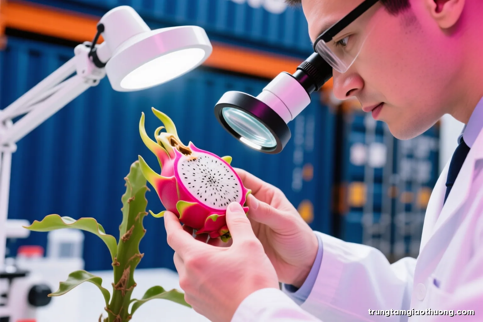 Macro close-up of a plant health inspector hands examining a cut dragon fruit under a magnifying lamp in a bright laboratory, crisp white light, magenta and white palette