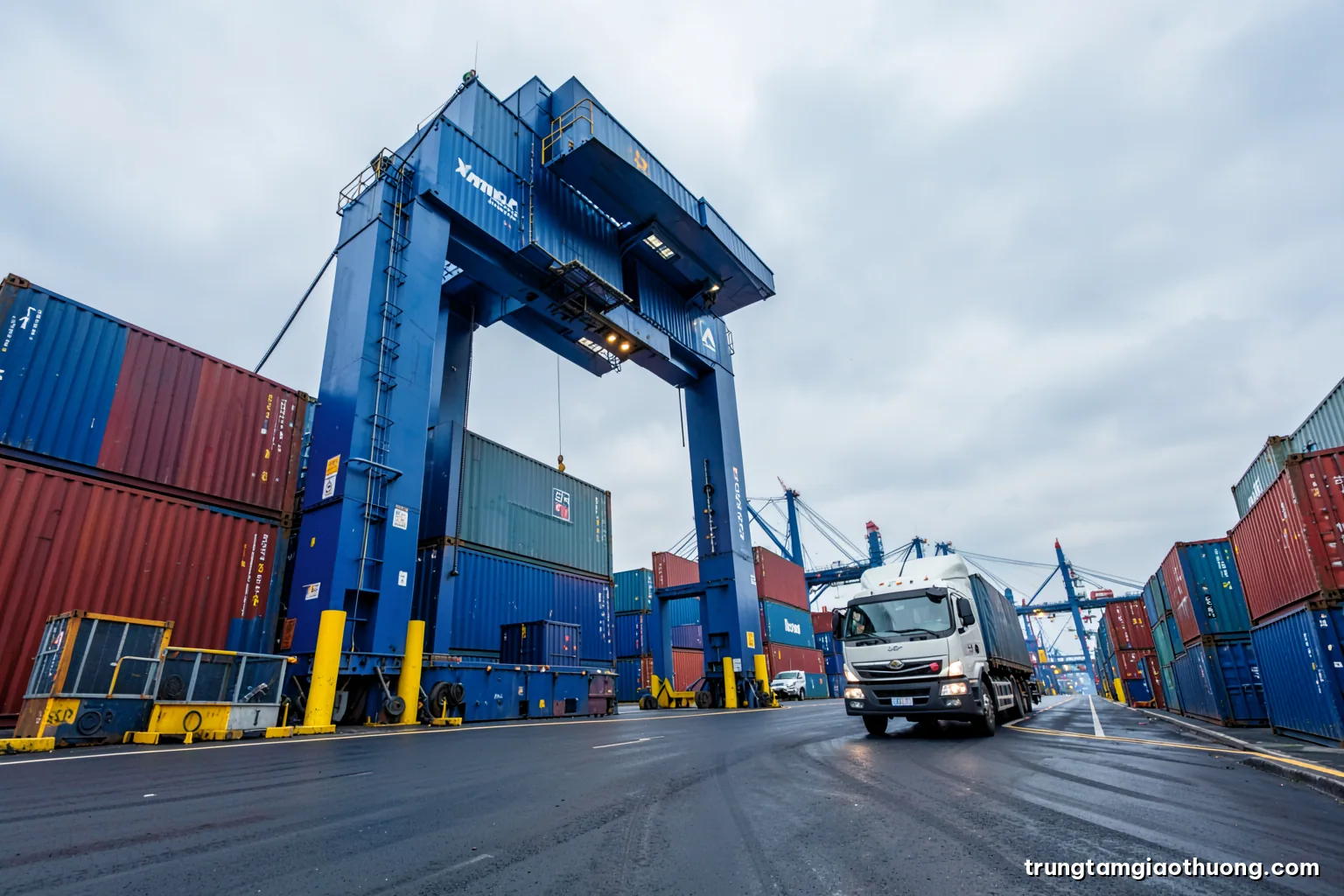 Low angle shot of a large X-ray scanning gate for shipping containers at a Vietnamese port, a truck passing through, overcast sky, steel grey and yellow tones